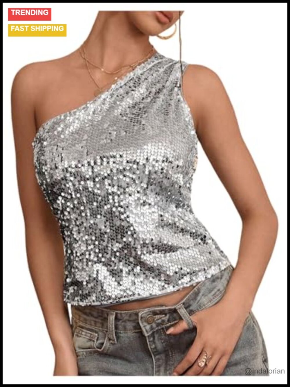 Sparkly One Shoulder Sequin Crop Top Sleeveless Ruched Party